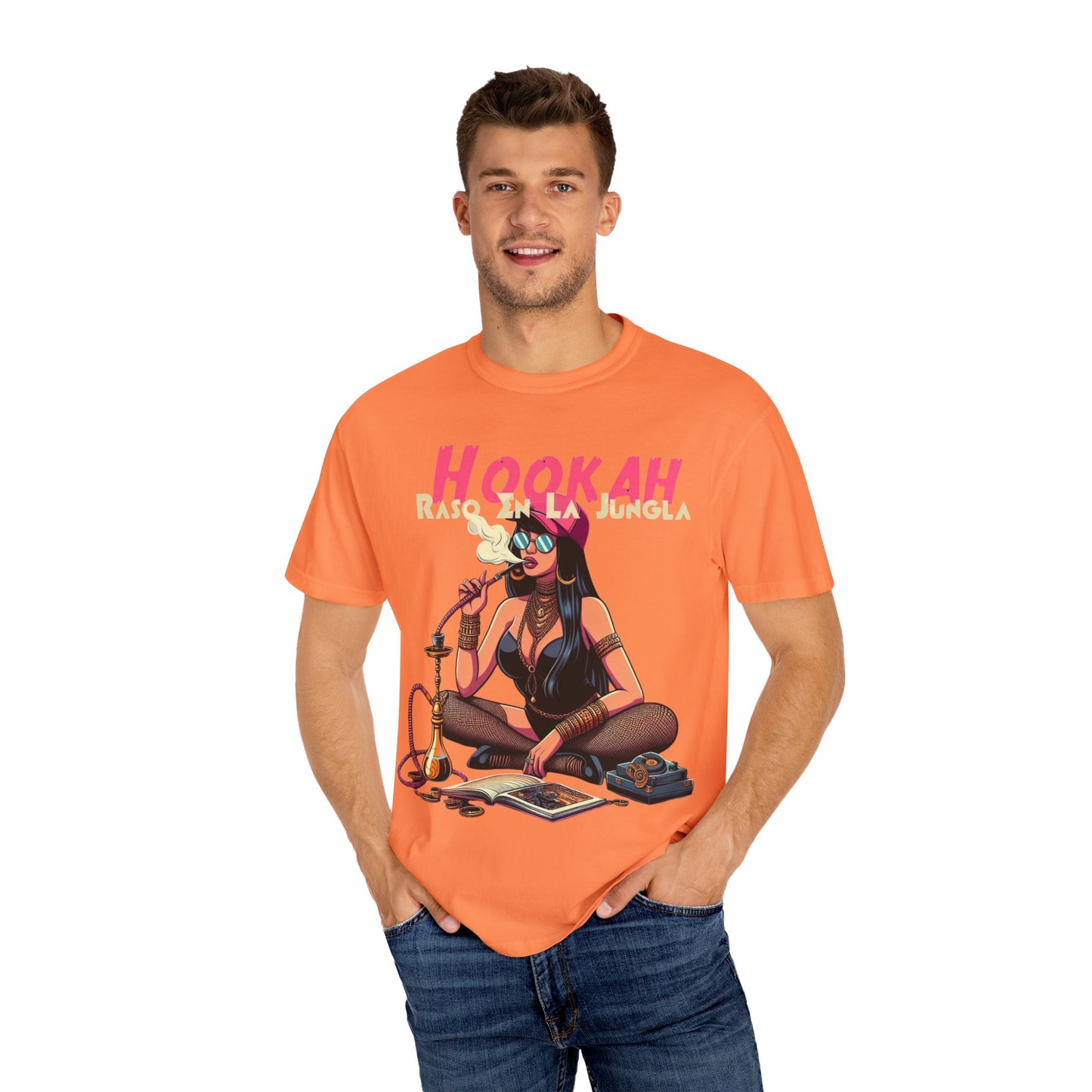 Raso En La Jungla Hookah Vibes Unisex Garment-Dyed T-Shirt, Music Lovers Tee, Chill Wear, Party Shirt, Unique Gift, Bohemian Style, Black Painscape Music Logo on back.